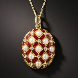 Victorian Natural Pearl, Diamond and Red Enamel Locket  - 2