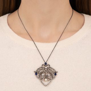 Victorian No-Heat Sapphire, Diamond and Natural Pearl Lavalière  - GIA