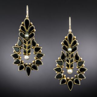 Victorian Onyx and Pearl Dangle Earrings - 2