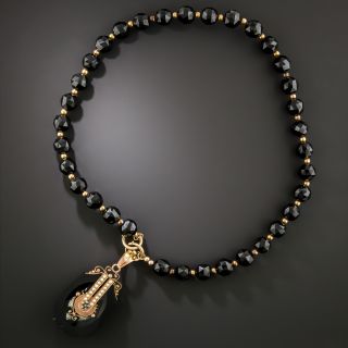 Victorian Onyx and Seed Pearl Locket Pendant Necklace - 2