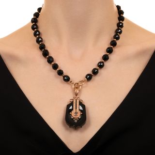 Victorian Onyx and Seed Pearl Locket Pendant Necklace