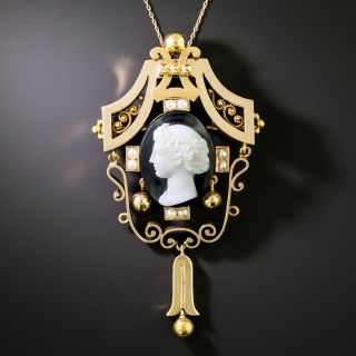 Victorian Onyx Cameo and Seed Pearl Pendant/Brooch - 1