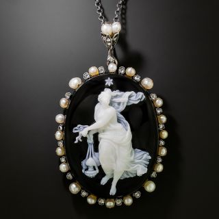 Victorian Onyx Cameo, Diamond and Pearl Necklace - 2