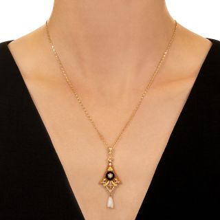 Victorian Onyx, Diamond and Pearl Lavalier