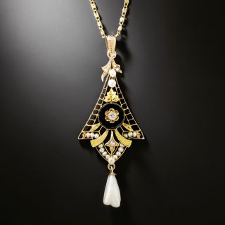 Victorian Onyx, Diamond and Pearl Lavalier - 2