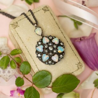 Victorian Opal Hearts and Diamond Necklace/Brooch