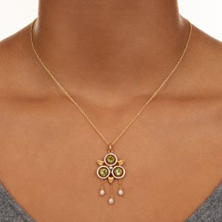 Victorian Peridot, Pearl and White Enamel Necklace