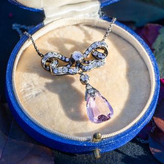 Victorian Pink Topaz and Diamond Lavaliere Necklace 