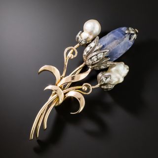 Victorian/Retro No-Heat Sapphire and Natural Pearl Flower Brooch - GIA - 3