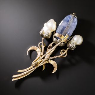 Victorian/Retro No-Heat Sapphire and Natural Pearl Flower Brooch - GIA