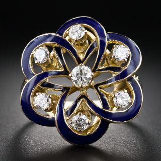 Victorian Retrospective Blue Enamel and Diamond Ring, Size 7 3/4 - 8