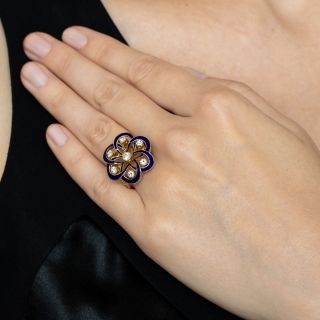 Victorian Retrospective Blue Enamel and Diamond Ring, Size 7 3/4