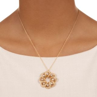 Victorian Retrospective Diamond and Pearl Scroll Pendant