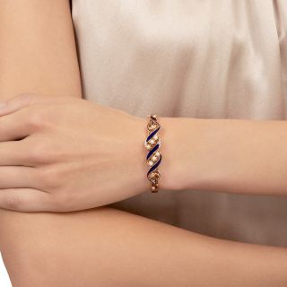 Victorian Revival Blue Enamel and Pearl Bangle Bracelet