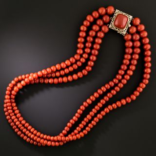 Victorian Revival Triple Strand Red Coral Bead Necklace - 2