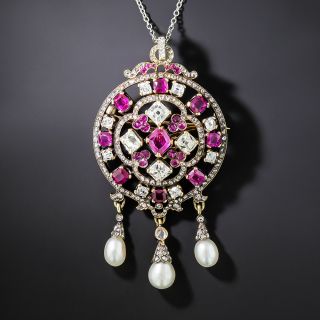 Victorian Ruby, Diamond And Natural Pearl Lavalière/Brooch  - 2
