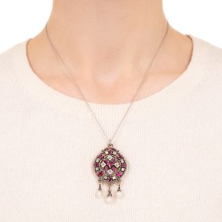 Victorian Ruby, Diamond And Natural Pearl Lavalière/Brooch 