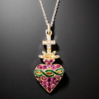 Victorian Sacred Heart Ruby and Diamond Pendant - 3