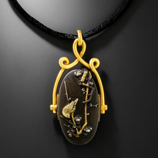 Victorian Shakudo Bird with Cherry Blossoms Pendant - 2