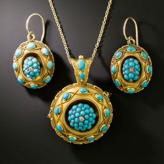Victorian Turquoise and Diamond Pendant/Brooch and Earrings - 2
