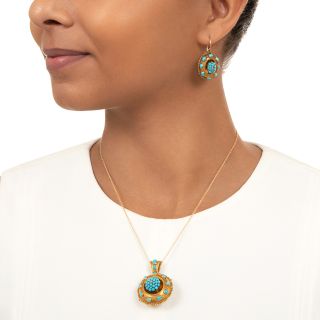 Victorian Turquoise and Diamond Pendant/Brooch and Earrings