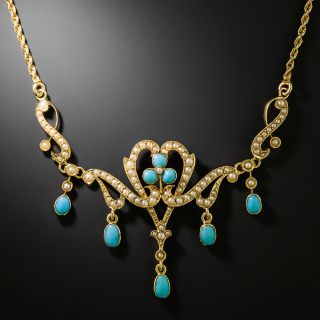 Victorian Turquoise and Natural Pearl Necklace - 3