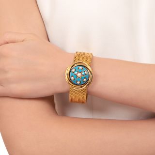 Victorian Turquoise Enamel and Natural Pearl Diamond Bracelet