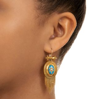 Victorian Turquoise Enamel And Pearl Tassel Earrings