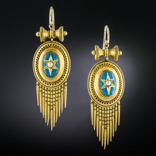 Victorian Turquoise Enamel And Pearl Tassel Earrings - 2