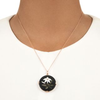 Victorian White Flower Pietra Dura Pendant Necklace