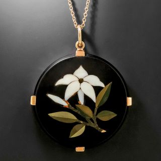 Victorian White Flower Pietra Dura Pendant Necklace - 3