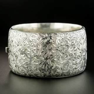 Victorian Wide Foliate Motif Silver Bangle Bracelet - 2