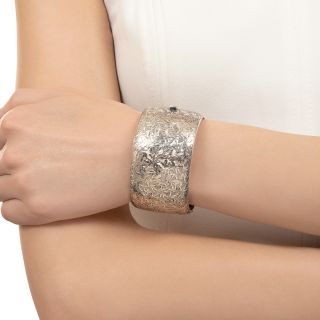 Victorian Wide Foliate Motif Silver Bangle Bracelet