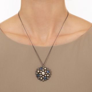 Victorian Yogo Sapphire, Pearl, and Diamond Flower Pendant/Brooch