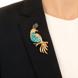 Vintage 1960s Turquoise and Sapphire Bird Brooch