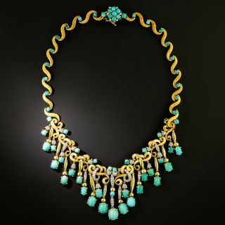 Vintage 1970s Turquoise and Diamond Bib Necklace - 2