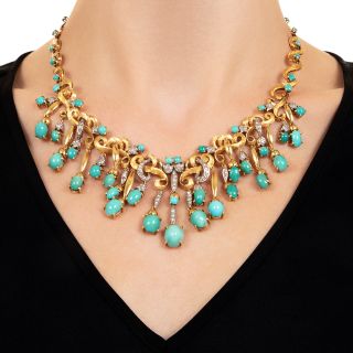Vintage 1970s Turquoise and Diamond Bib Necklace