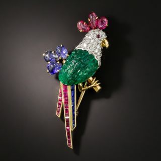 Carved Emerald Diamond Ruby Sapphire Parrot Pin - 1
