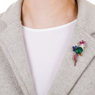 Carved Emerald Diamond Ruby Sapphire Parrot Pin