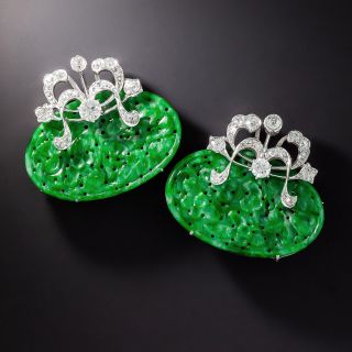 Vintage Carved Jade and Diamond Clips - 1