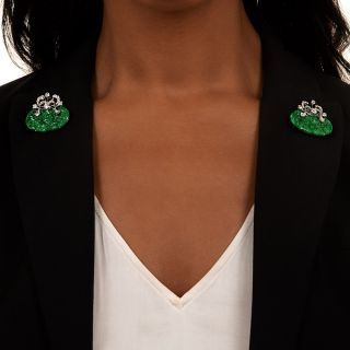 Vintage Carved Jade and Diamond Clips
