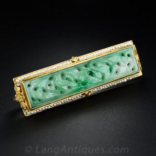 Vintage Carved Natural Burmese Jade Bar Pin - 2