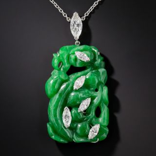 Vintage Carved Natural Jade and Diamond Pendant Necklace - 6