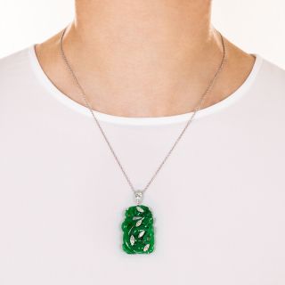 Vintage Carved Natural Jade and Diamond Pendant Necklace