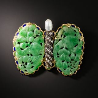 Vintage Carved Natural Jade Butterfly Brooch - GIA - 1