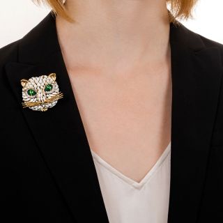 Vintage Enamel and Diamond Cat Brooch