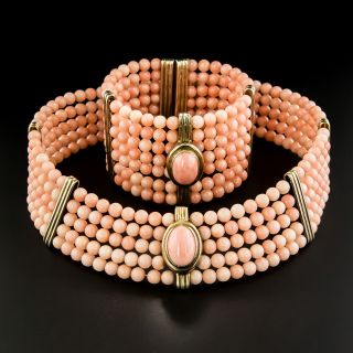 Vintage Italian Coral Bead Spring Choker and Bracelet - 4