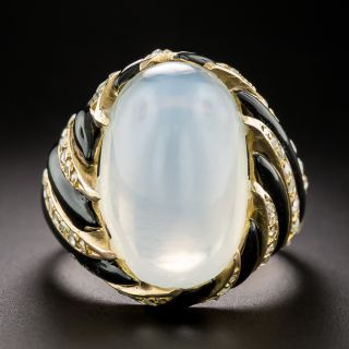 Vintage Moonstone, Diamond and Enamel Swirl Ring, Size 7 3/4 - 3