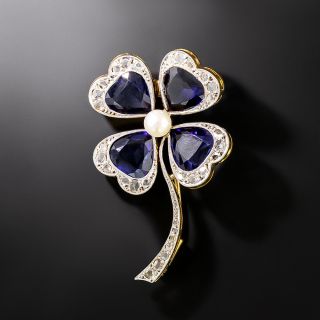 Vintage Sapphire* and Diamond Shamrock Brooch - 4