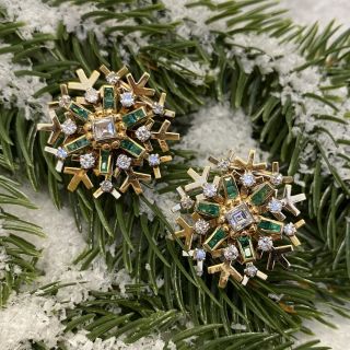 Vintage Snowflake Emerald and Diamond Earrings